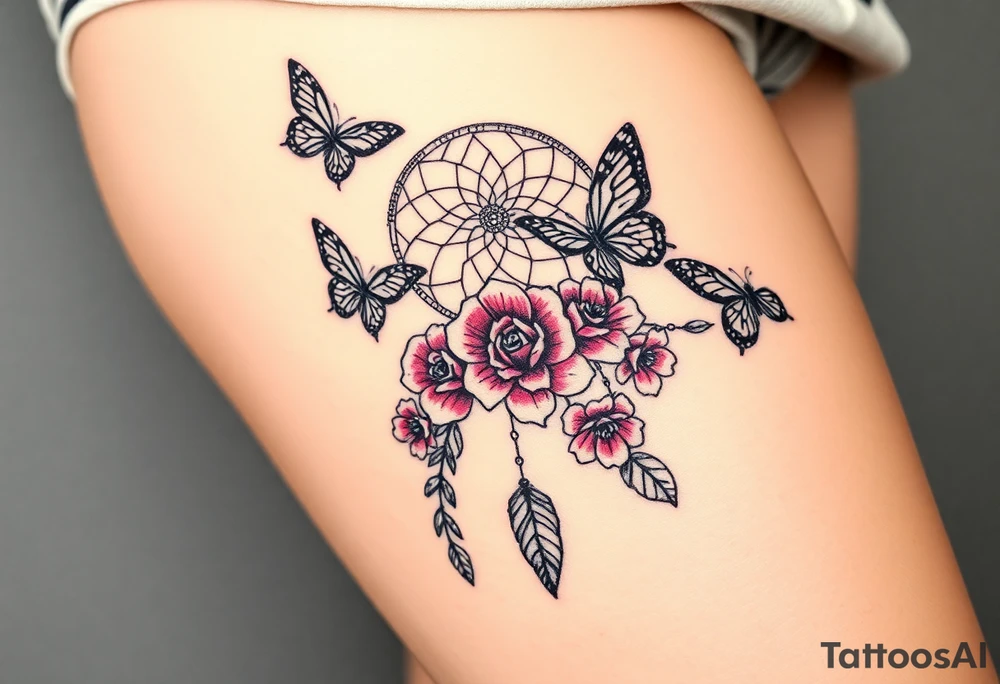 Dreamcatcher roses and butterflies tattoo idea