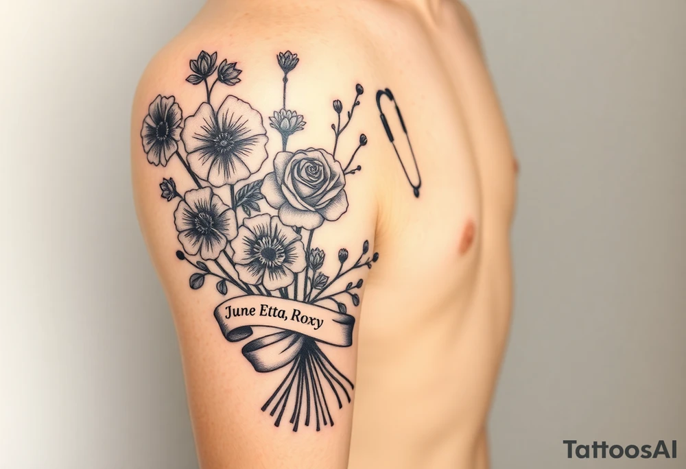 Half arm sleeve of 3 hollyhock flowers, one wild rose, 5 wild flowers in a bouquet with ribbon bow towards the bottom like the just got picked. On the ribbon include three names: June Etta, Roxy, Rosalie. Next the bouquet put a full realistic stethoscope tattoo idea