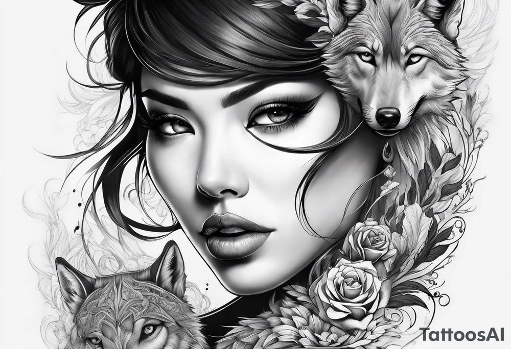 Woman’s face splitting into another with wolf cut hair tattoo idea