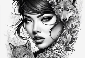 Woman’s face splitting into another with wolf cut hair tattoo idea