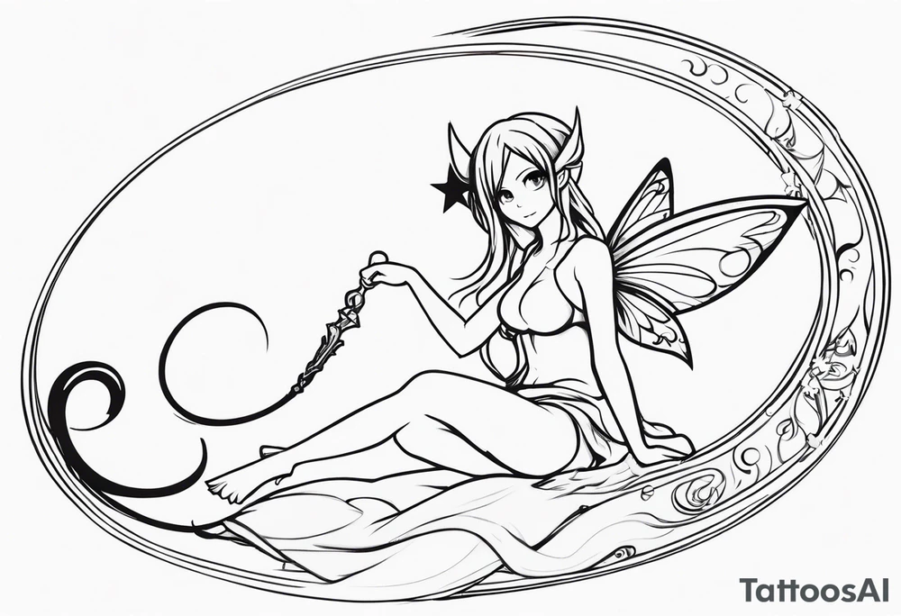 No background and no color sketch of a fairy with a tail inspired by the guild symbol in the anime show called Fairy Tail in a fetal position leaning in and forward while crawled in tattoo idea