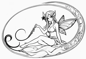No background and no color sketch of a fairy with a tail inspired by the guild symbol in the anime show called Fairy Tail in a fetal position leaning in and forward while crawled in tattoo idea