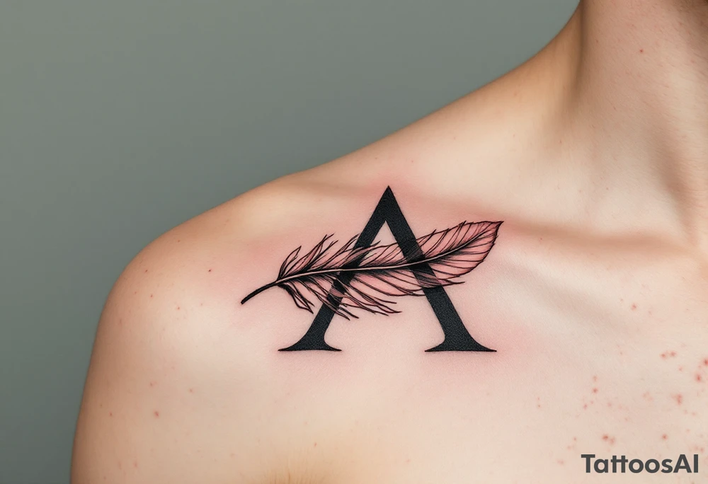 A feathered quill forming the letter "A" in dusty rose and ink black. tattoo idea
