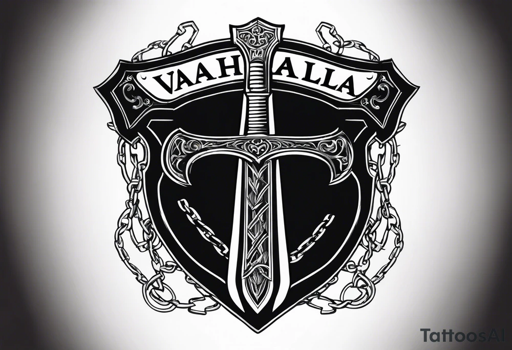 Valhalla sword shield axe barbed wire chains dark cloud tattoo idea