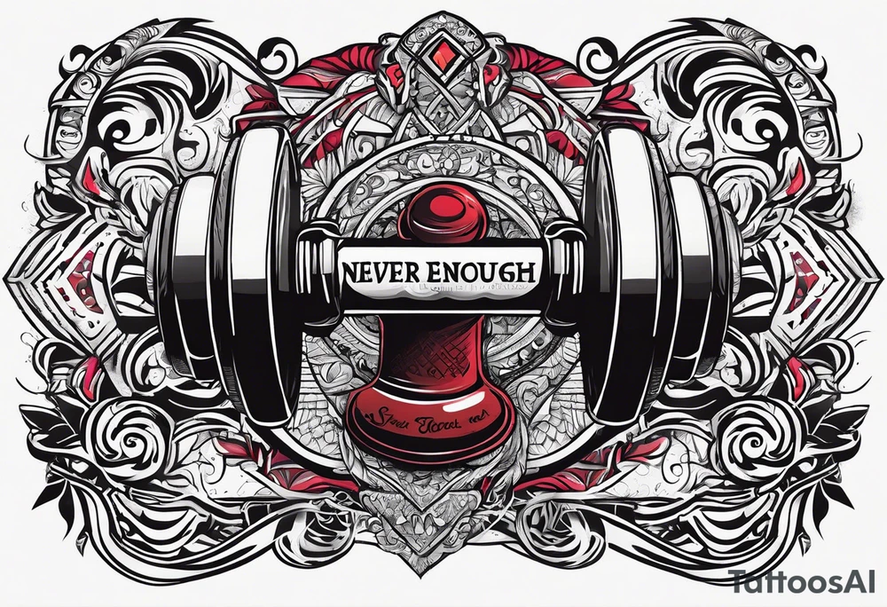 Dumbell with writing text : never enough tattoo idea