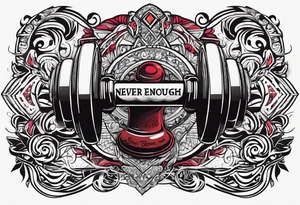Dumbell with writing text : never enough tattoo idea