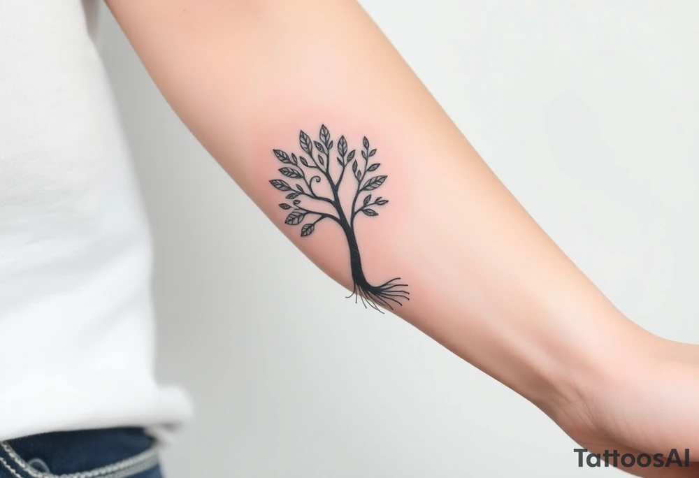 A tree with fee leaves, with a spiral line moving outward, as its roots tattoo idea