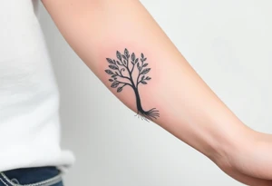 A tree with fee leaves, with a spiral line moving outward, as its roots tattoo idea