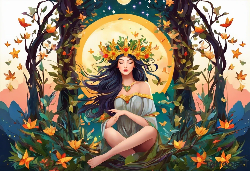 Beautiful woman made of tree, branches, and leaves. She is wearing a crown made of butterflies and has a pond and lilies near her feet with colorful vegetation. She is holding her arms upright and has her hands cupped above her head. Above her hands she has the moon, stars, and sun. The moon, stars, and sun have a flower accent. tattoo idea