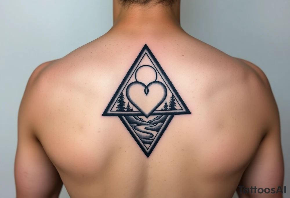 A triangle with a heart over the middle of the center and nature scene in background tattoo idea