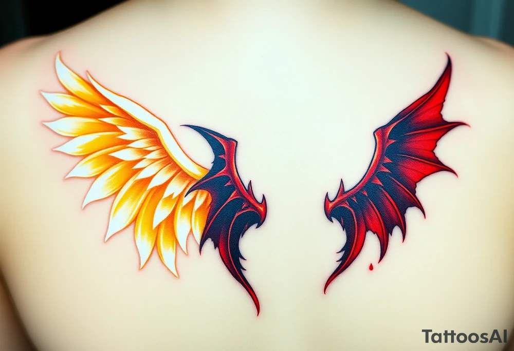 Angel wings in soft white and gold, with flowing feathers, contrasted against demonic wings in dark red and black, jagged and torn. The angel wings are illuminated with glowing halos, while the demon wings have subtle, glowing embers at their tips tattoo idea