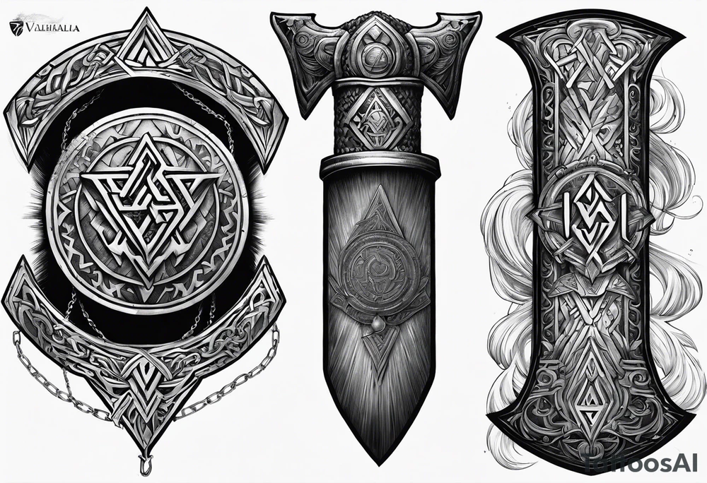 Valhalla sword round shield axe Valknut steps fire chains tattoo idea Valhalla sword round shield axe Valknut steps fire chains tattoo idea