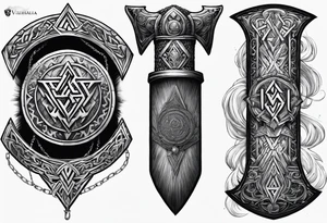 Valhalla sword round shield axe Valknut steps fire chains tattoo idea