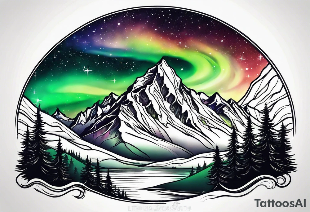 northern lights mountain circle shaped tattoo idea