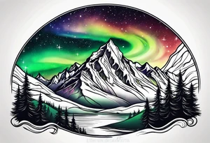 northern lights mountain circle shaped tattoo idea