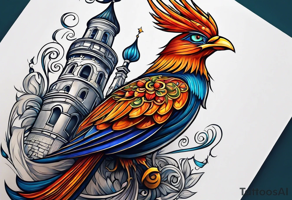 russian firebird with onion cap towers in background tattoo idea