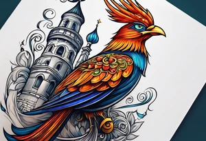 russian firebird with onion cap towers in background tattoo idea
