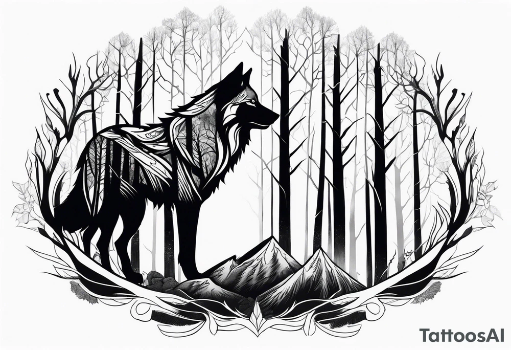 Detailed powerful Wolf in Front of a scary forest tattoo idea