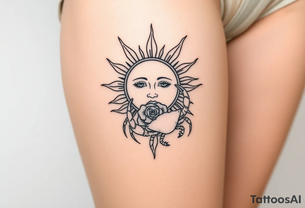 Sun with simple face, rose, and crab traditional old school tattoo idea