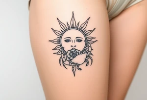 Sun with simple face, rose, and crab traditional old school tattoo idea