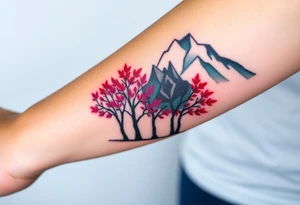 Lower forearm, trees with mountains in background, leaves on the trees are pink, purple, teal, red tattoo idea