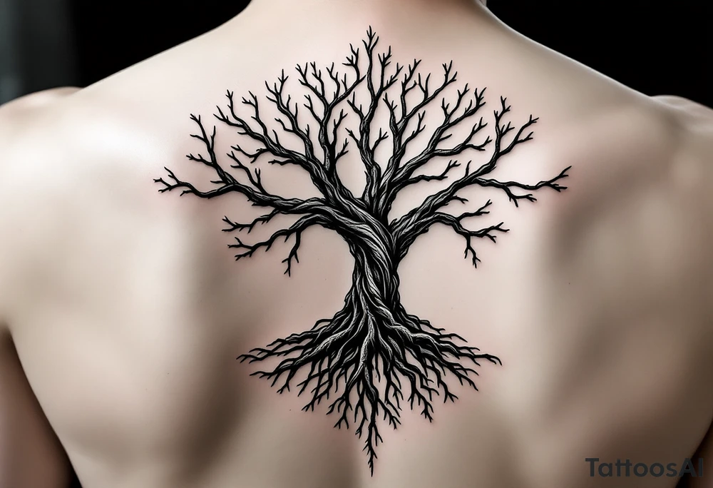 mystical tree of life with cosmic roots and celestial branches tattoo idea