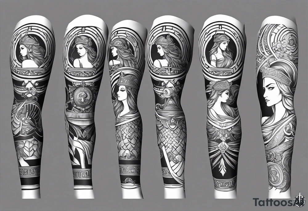 A full tattoo sleeve inspired by Greek mythology, centered around the Greek goddess Athena. Athena is portrayed with a strong, commanding presence, symbolizing wisdom, strength, and warfare. The design emphasizes bold, clean lines with a focus on sharp contrasts, creating a powerful and dynamic visual impact. Surrounding Athena, incorporate a mandala effect with geometric patterns that evoke a sense of order and strategy, reflecting her role as a warrior goddess. The sleeve also features masculine elements such as a fierce owl with piercing eyes, an ornate warrior’s helmet, and olive branches intertwined with Spartan-style armor, all seamlessly integrated into the design. The overall aesthetic is strong, rugged, and heroic, capturing the essence of Athena’s wisdom and martial prowess in a way that resonates with a masculine energy. tattoo idea