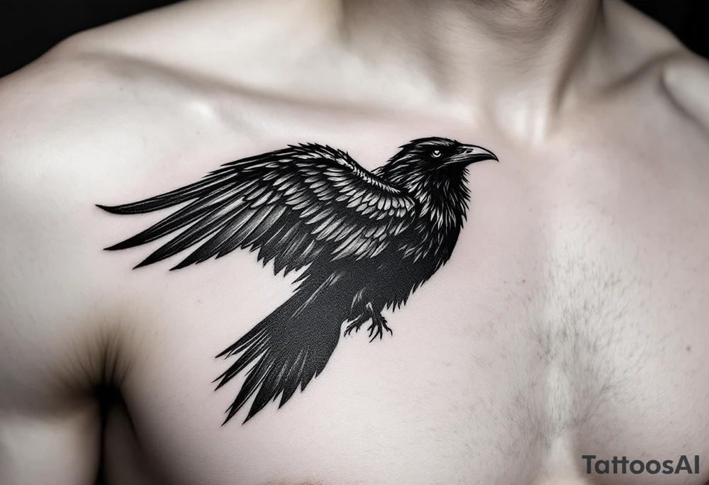 raven on shoulder with wing extended onto chest tattoo idea