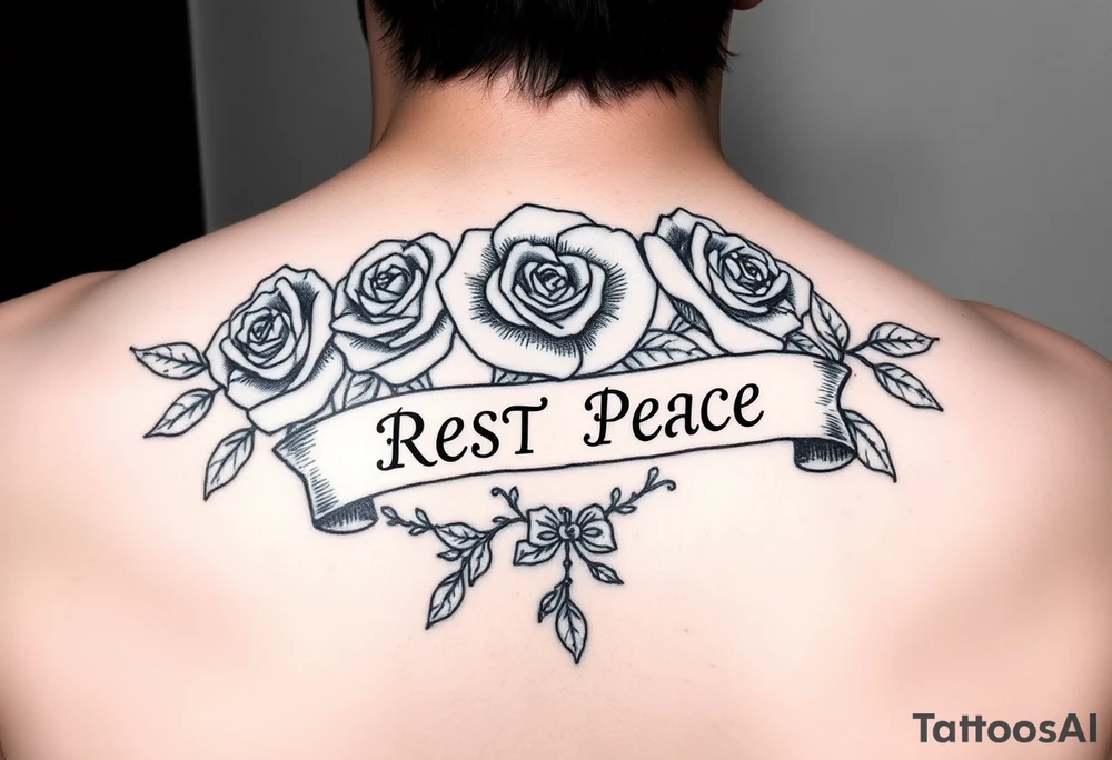 Hip hop religious rest in peace with roses and a banner for a name tattoo idea