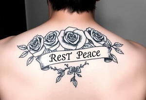 Hip hop religious rest in peace with roses and a banner for a name tattoo idea