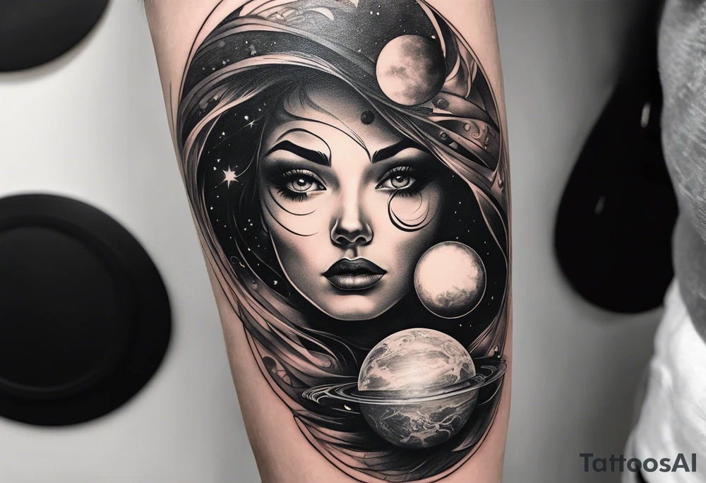 A surrealistic forarm sleeve tattoo featuring beautiful woman’s face with glowing eyes holding a planet in her hand. Above her head is a man being lifted up into a black hole tattoo idea
