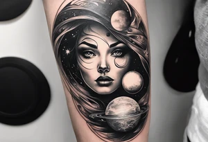A surrealistic forarm sleeve tattoo featuring beautiful woman’s face with glowing eyes holding a planet in her hand. Above her head is a man being lifted up into a black hole tattoo idea
