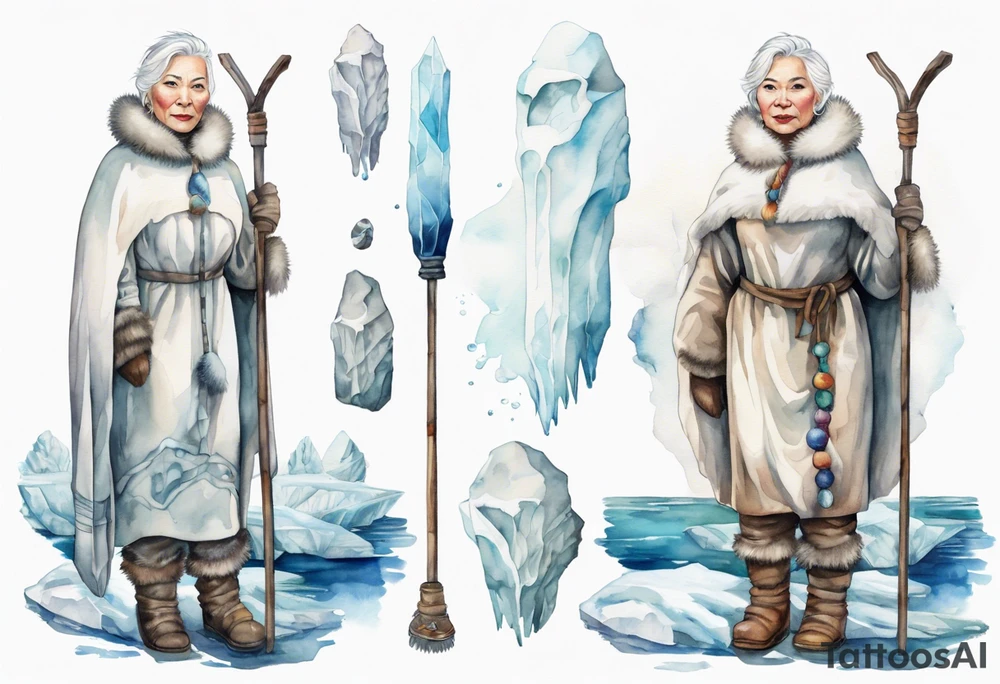 a middle aged Inuit woman with white hair, wearing mittens, wearing a white cloak, holding a white staff, wearing mukluks, standing on an iceberg in the sea tattoo idea