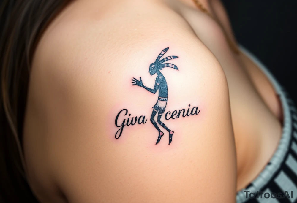 Kokopelli with name Genia on it tattoo idea