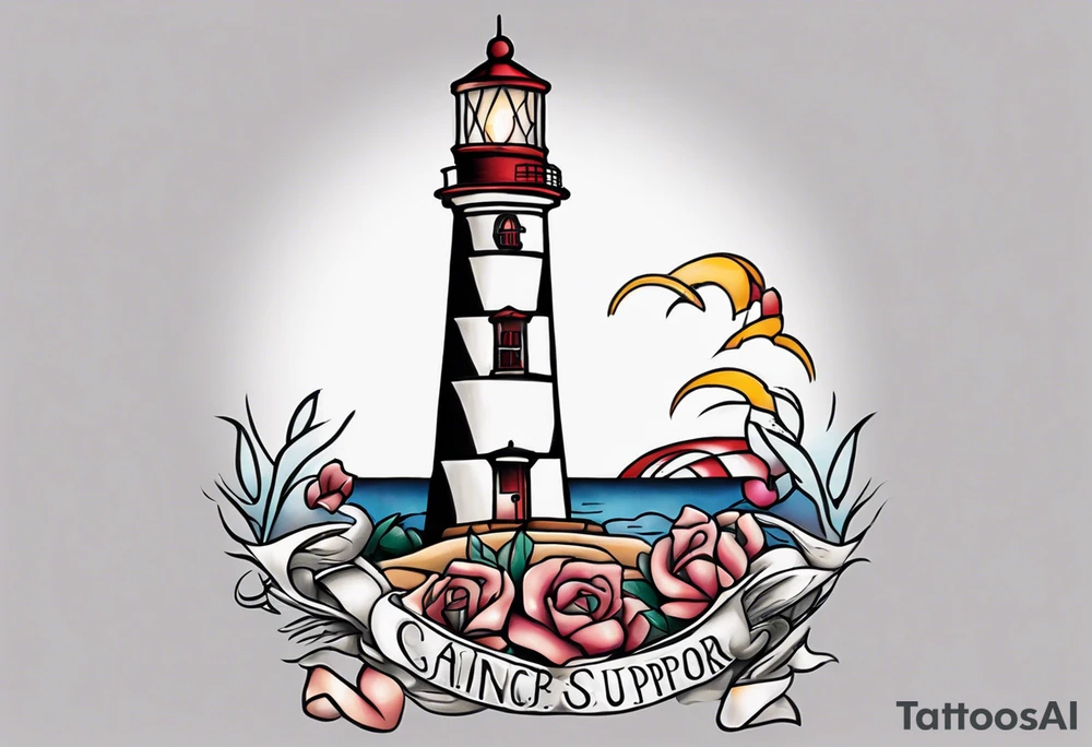 tattoo of a light house shining its light on a cancer support ribbon tattoo idea