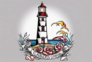 tattoo of a light house shining its light on a cancer support ribbon tattoo idea