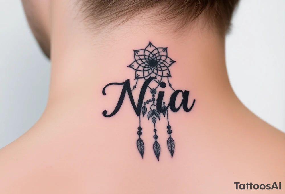 Name Nia in a dreamcatcher faded letters tattoo idea