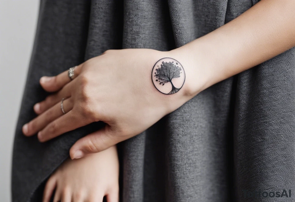Here’s a description for the fourth idea:

	Minimalist black-and-white tattoo above the inner elbow, featuring an open circle with a small sprouting seed or budding plant inside, symbolizing new life and growth. From the seed, a fine, delicate lifeline extends outward, representing the journey of parent and child together. The design uses thin, clean lines for a simple, elegant, and symbolic look. tattoo idea