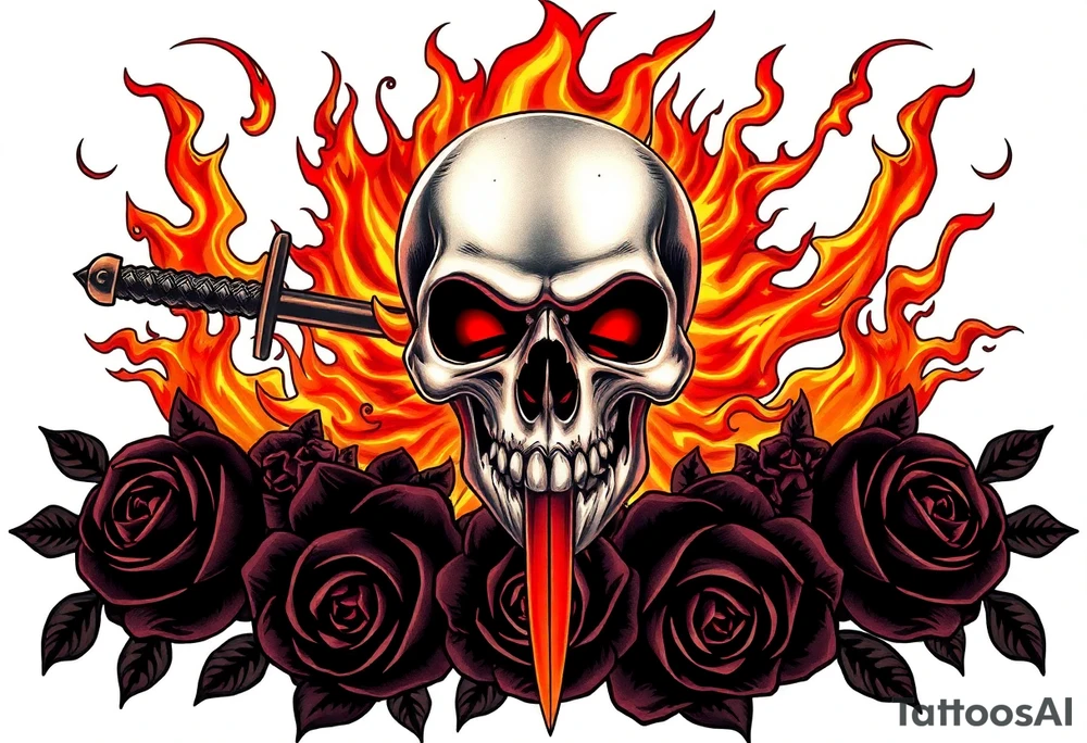 Skull engulfed in flames, broadsword through it, dark roses cascade down. tattoo idea