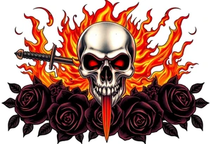 Skull engulfed in flames, broadsword through it, dark roses cascade down. tattoo idea