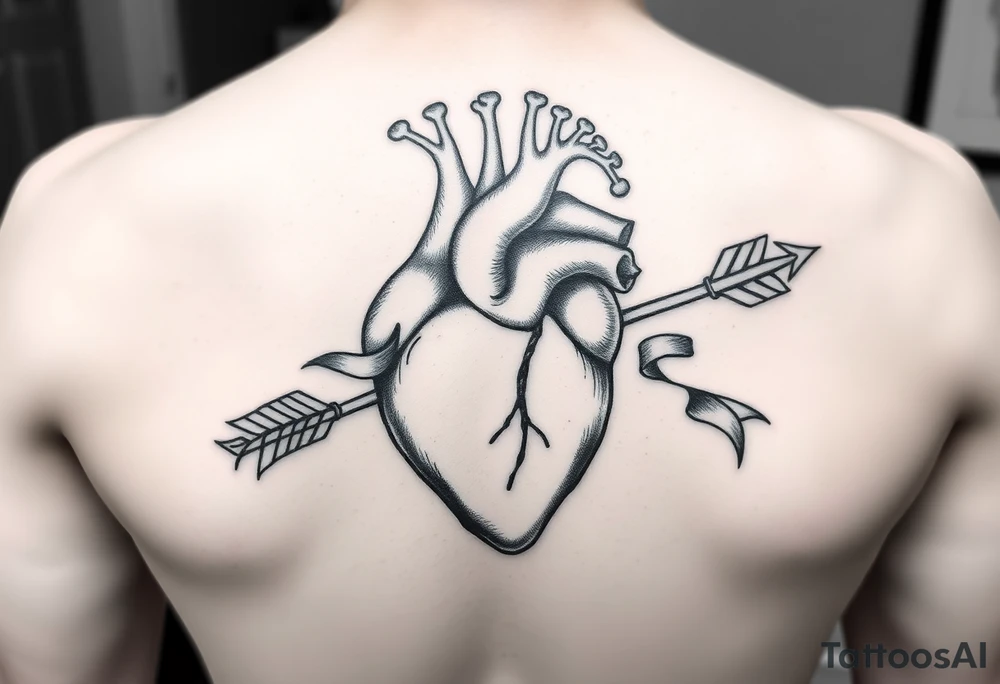 anatomical heart pierced by ornate arrow with flowing ribbons tattoo idea