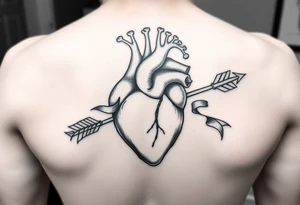 anatomical heart pierced by ornate arrow with flowing ribbons tattoo idea