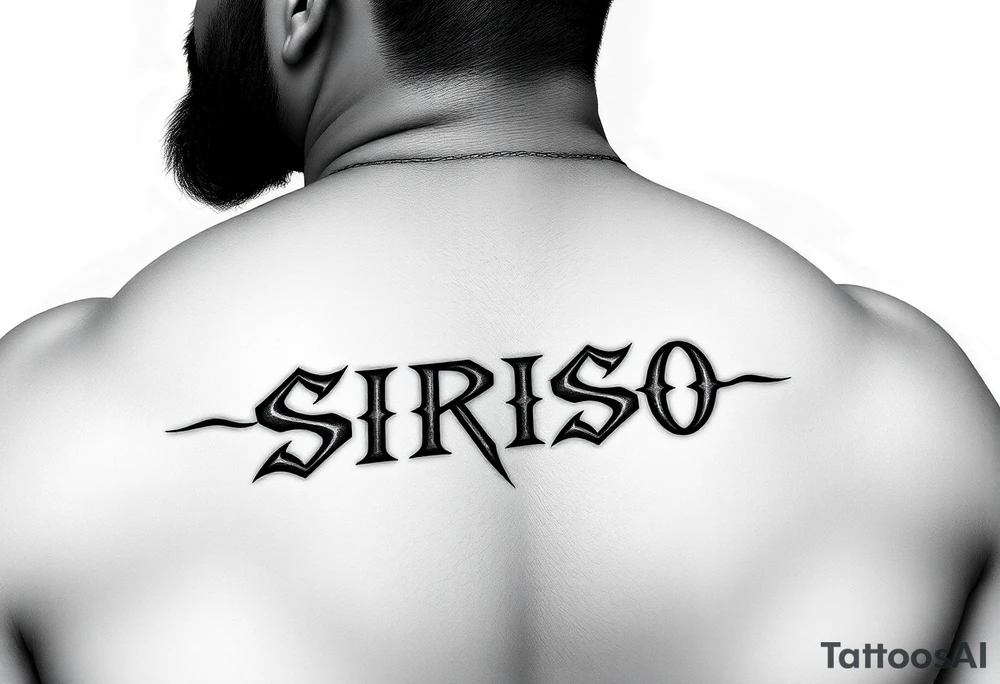 Tribal font like Dave Bautista tattoo saying “SIRISO” on bicep tattoo idea