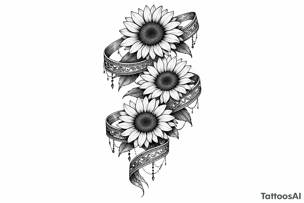 3 cascading Sunflowers wrapped in an Indian ribbon tattoo idea