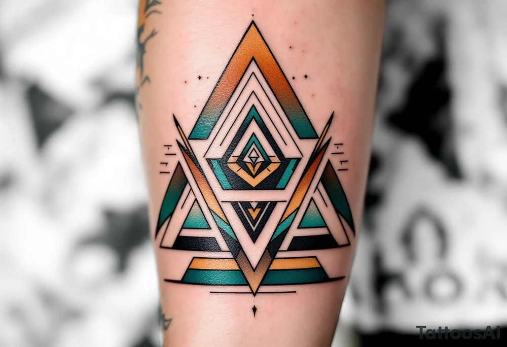 Libor written in strong, clean letters, surrounded by geometric triangles in shades of forest green and earthy brown. tattoo idea