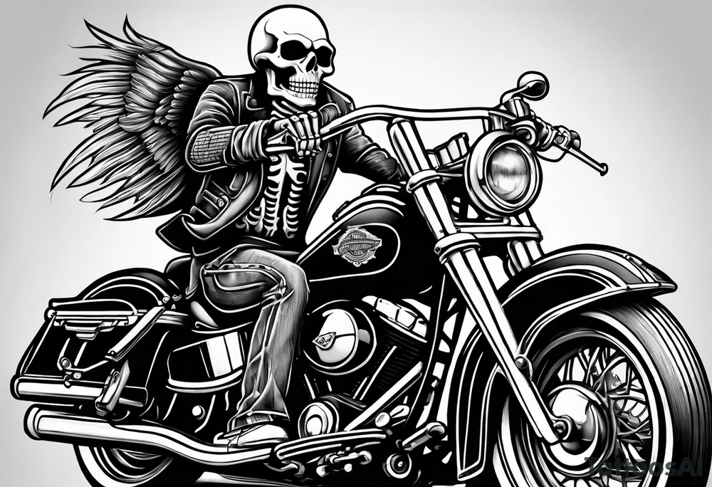 Old school skeleton  holding a shotgun riding a harley davidson tattoo idea