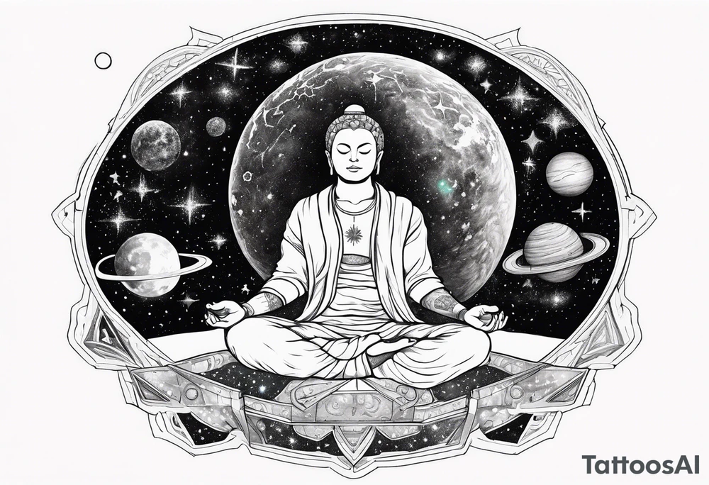 person meditating in space among the stars tattoo idea