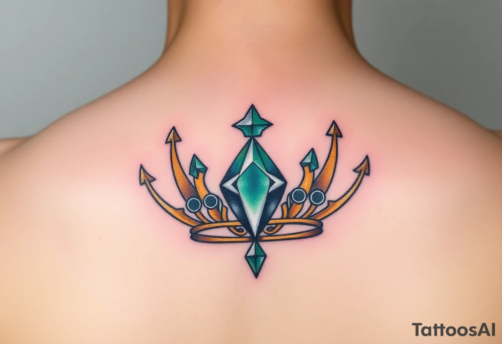 A crown with diamond-studded arches and a large central stone, in shades of rich emerald, gold, and diamond white tattoo idea