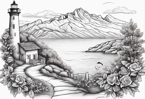 Create a Mediterranean climate with a mountain in the background, add an oak tree, a rose bush, a dove with an olive leaf, a playing harp, a lighted lighthouse tattoo idea