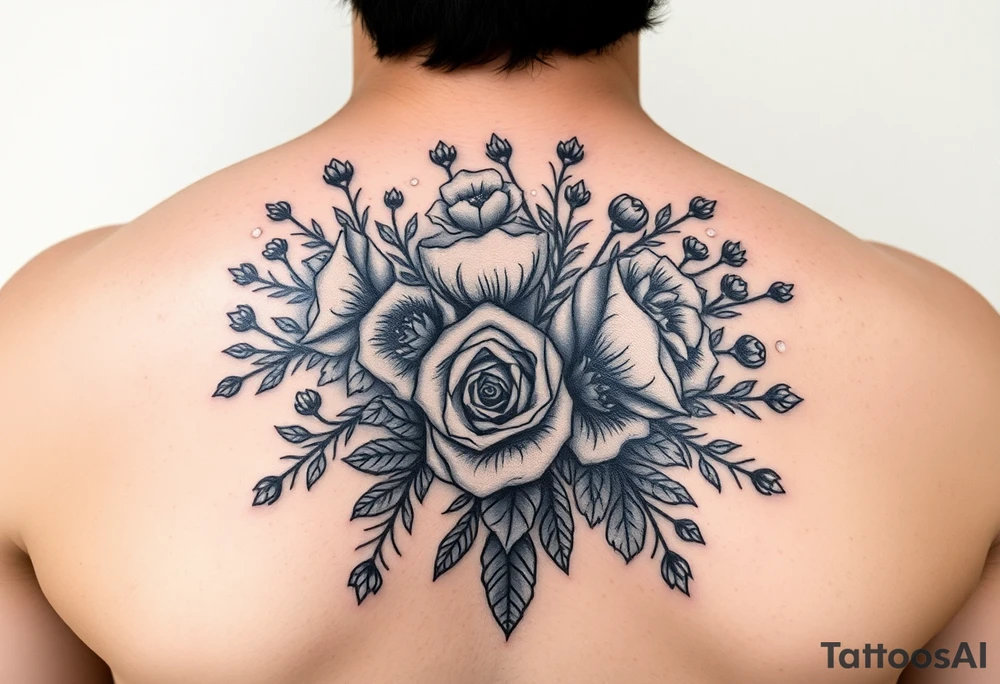 vintage bouquet of wild roses and meadow flowers with morning dew tattoo idea